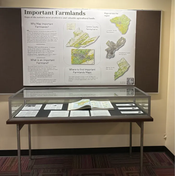 Photo of the important farmlands poster display and case showing several related library materials wall display and case with materials