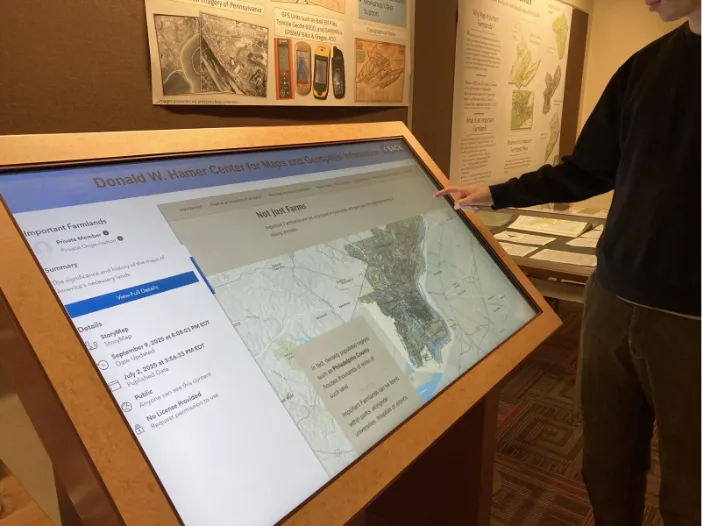 Photo of the Important Farmlands StoryMap accessed from the interactive digital map display map on display kiosk