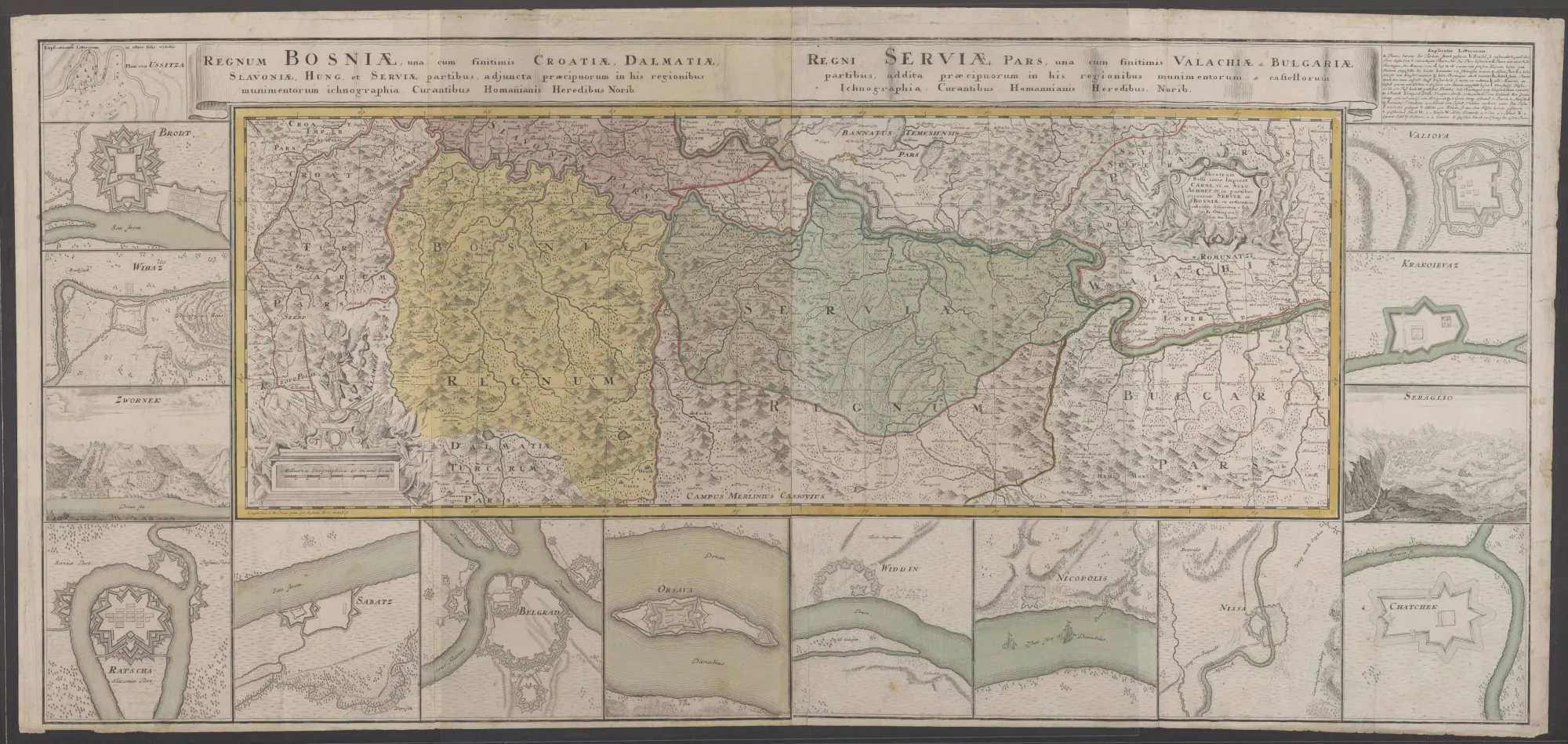 Johann Friedrich Oettinger, “Theatrum Belli Inter Imperat…in Partibus Regnorum SERVIAE et BOSNIAE,” 1739. long vertical map showing Bosnia and Serbia, bordered by inset maps of various towns and fortresses along the Danube